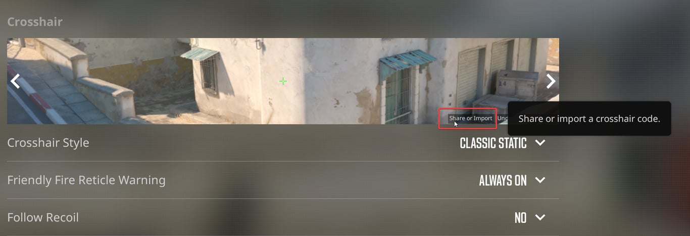 CS2 crosshair menu, with share import highlighted