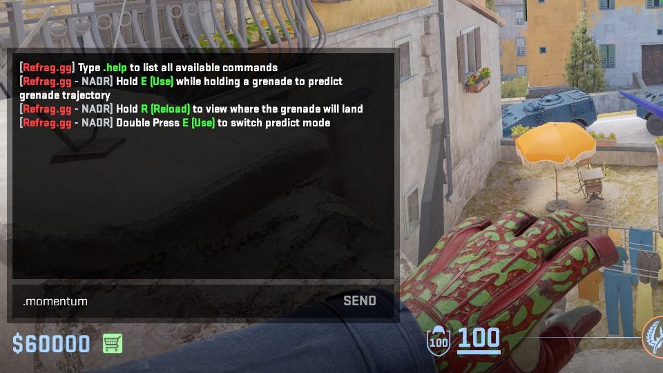 A screenshot showing the in-game chat command to launch Momentum