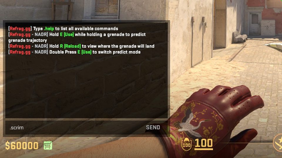 In-game text box showing the ".scrim" command being used