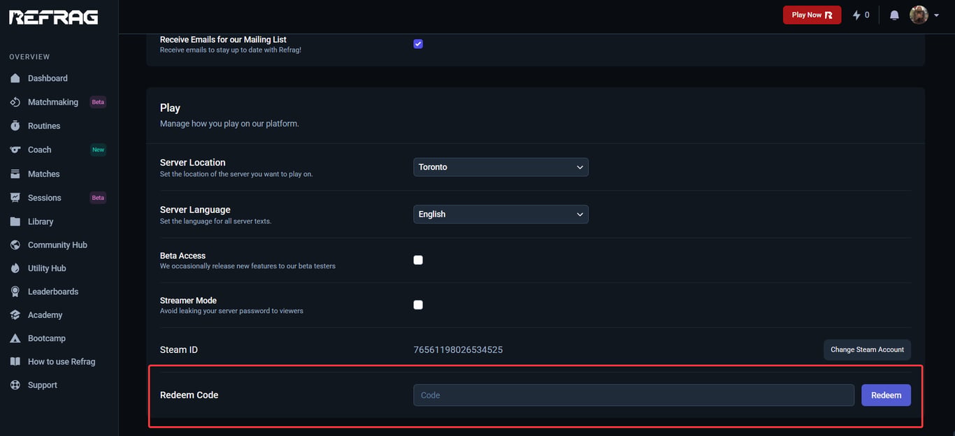The settings menu on the Refrag website, with the "Redeem Code" field highlighted