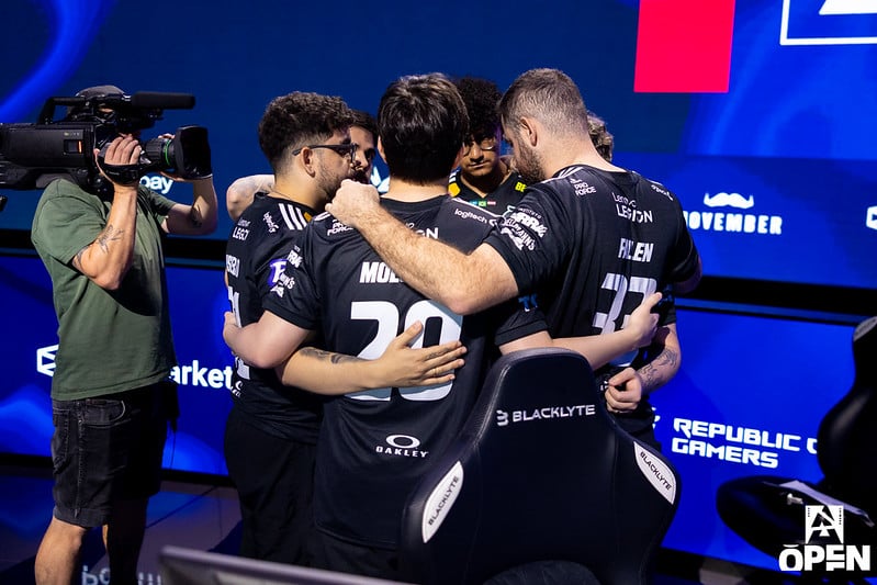 FURIA CS team in a huddle before a group stage match at BLAST Porto 2026